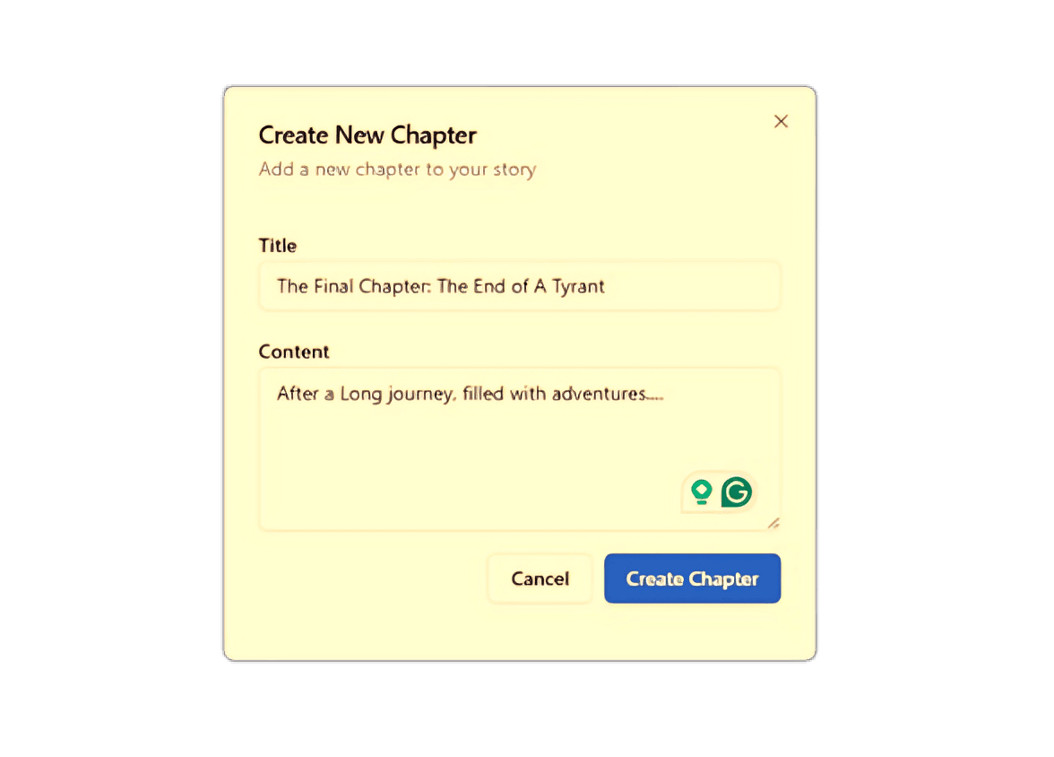 AuthorFlows manuscript app 'Create New Chapter' window for drafting and organizing scenes.