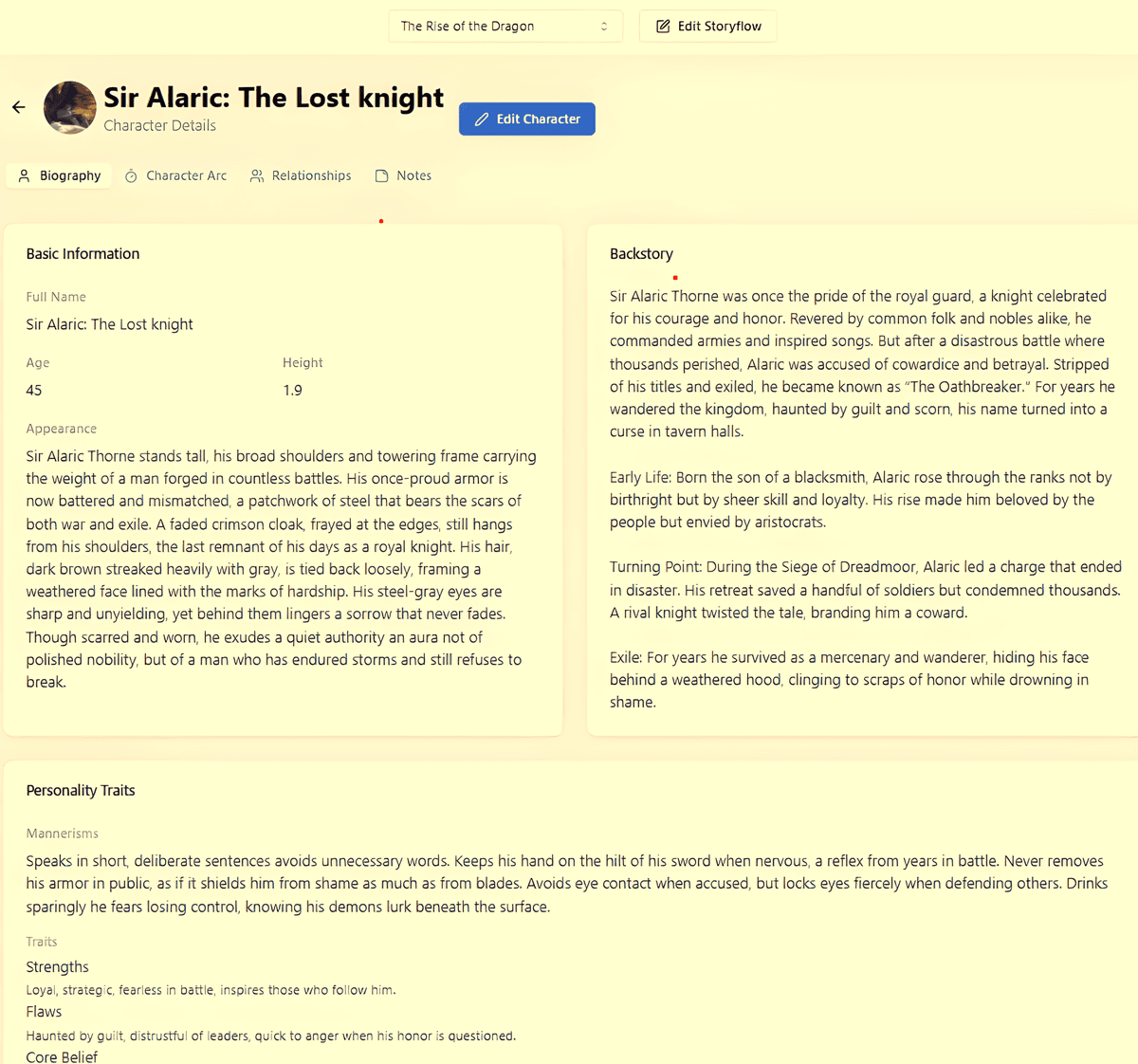 AuthorFlows character tracking app profile, backstory, traits and character arcs linked to scenes.