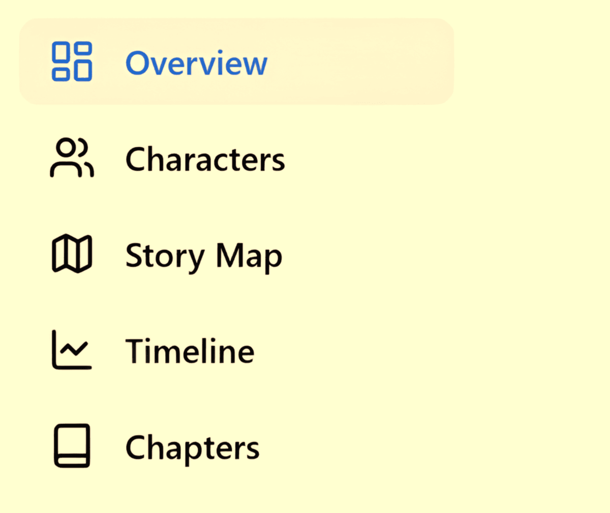 AuthorFlows novel organization software sidebar with Overview, Characters, Story Map, Timeline and Chapters.